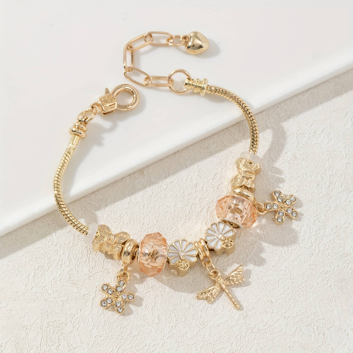 Women's Stylish Beaded Bracelet with Dragonfly and Flower Additions